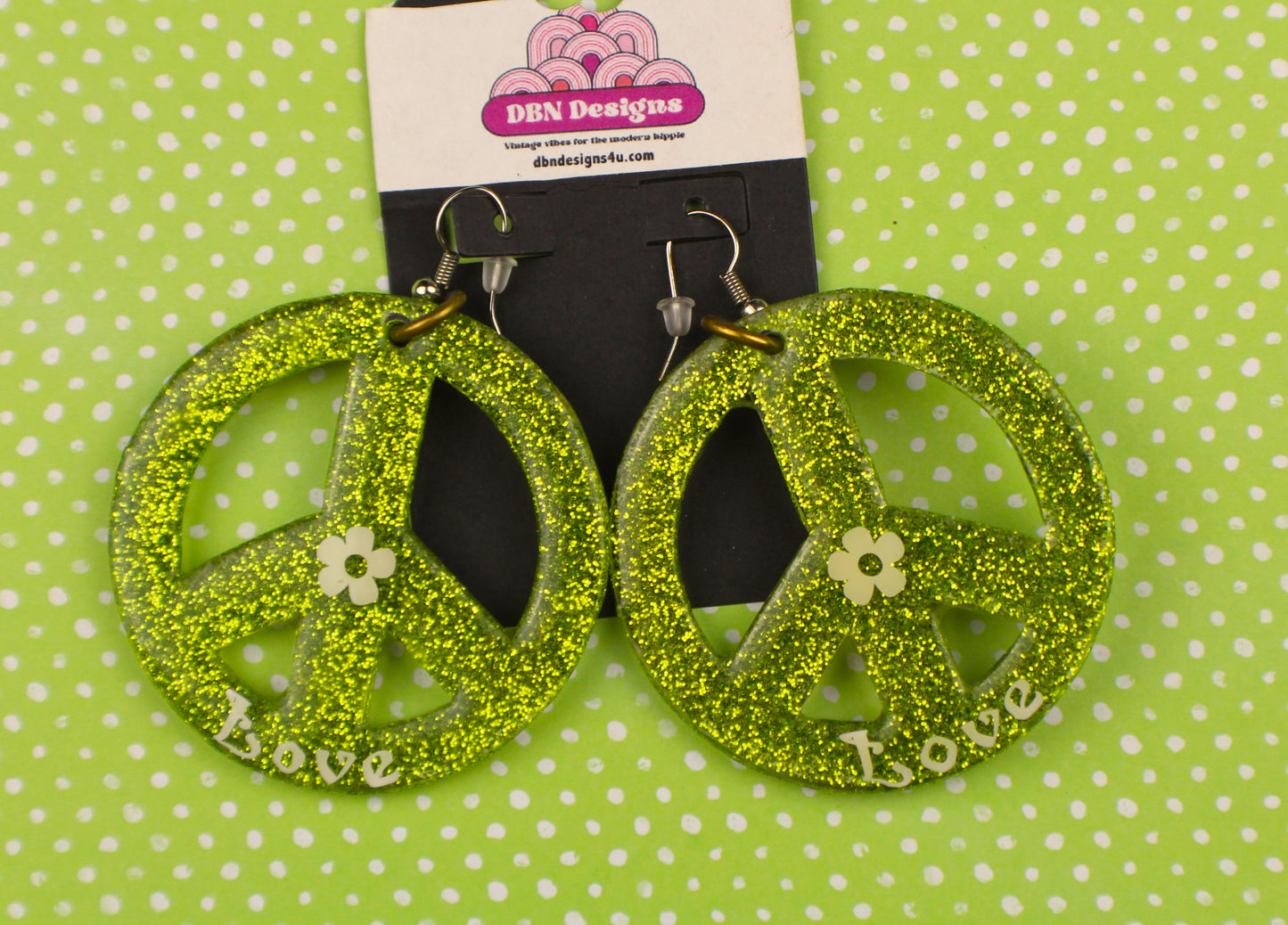 Large Glittery Peace Sign Green Earrings