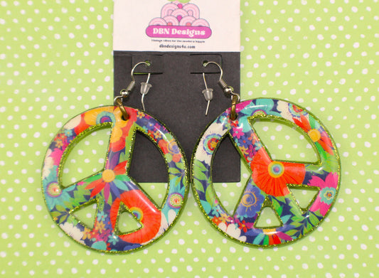 Large Glittery Peace Sign Green Earrings