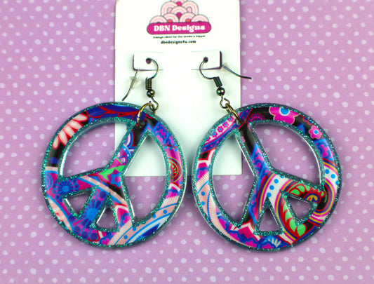 Earrings Large Peace Sign Blue